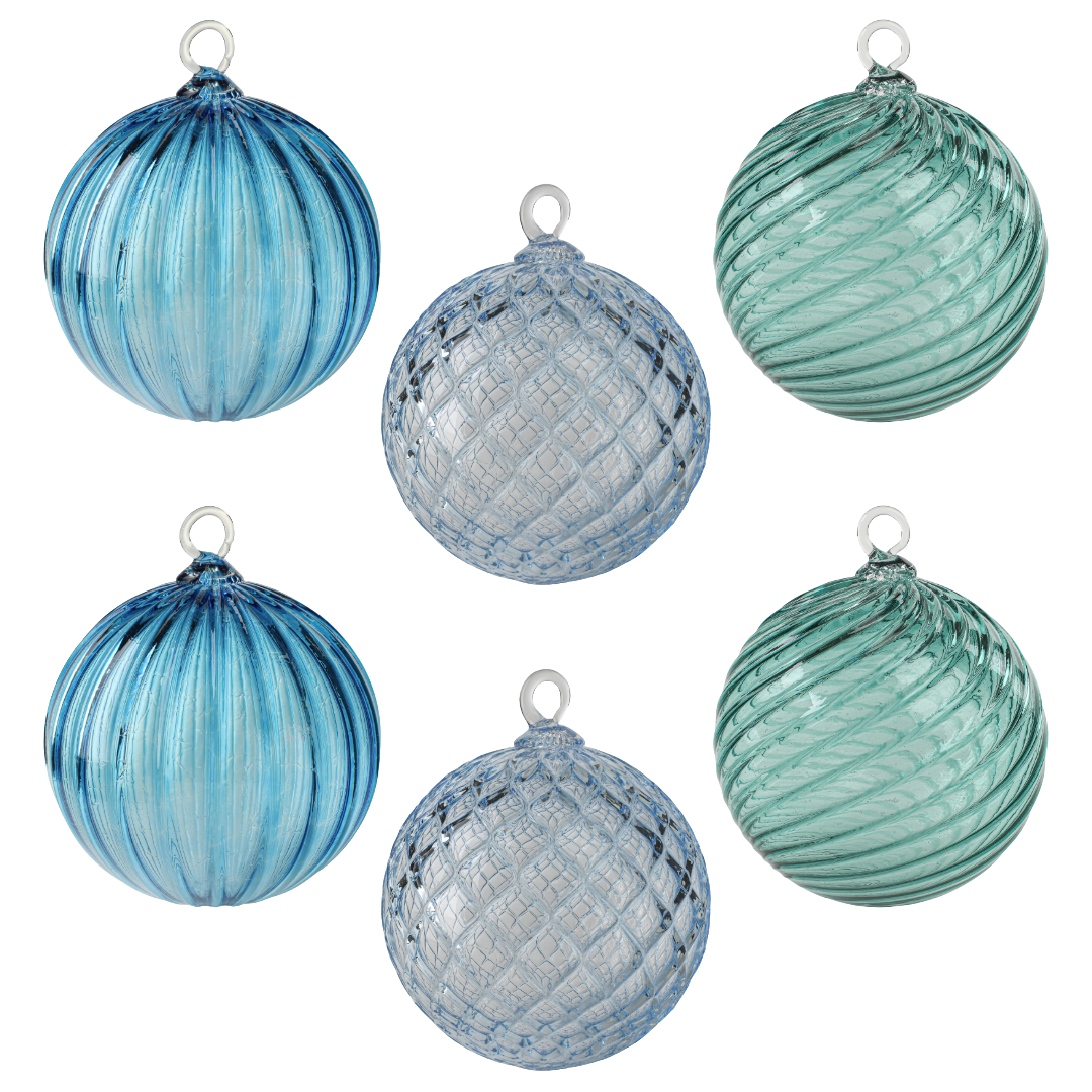 Aqua Set of 6 Mix Handblown Glass Ornaments