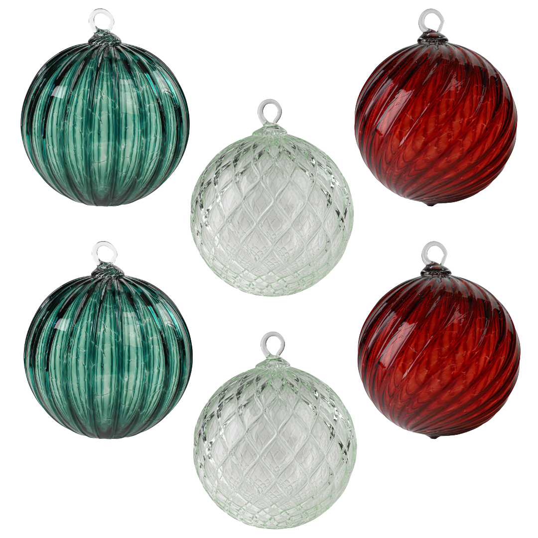 Deep Pine Set of 6 Mixed Handblown Glass Ornaments
