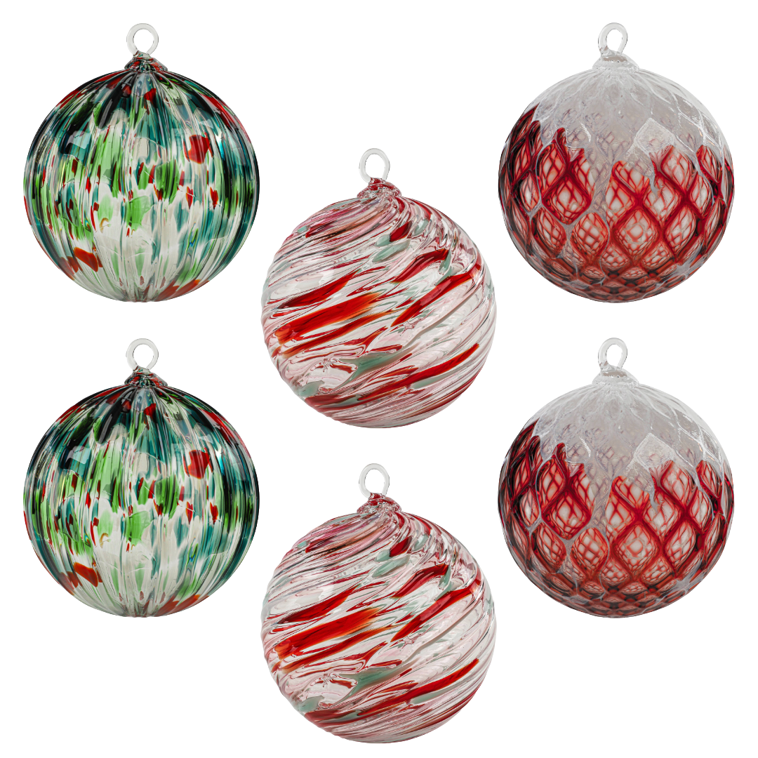 Cranberry Flurry Set  of 6 Mixed Handblown Glass Ornaments