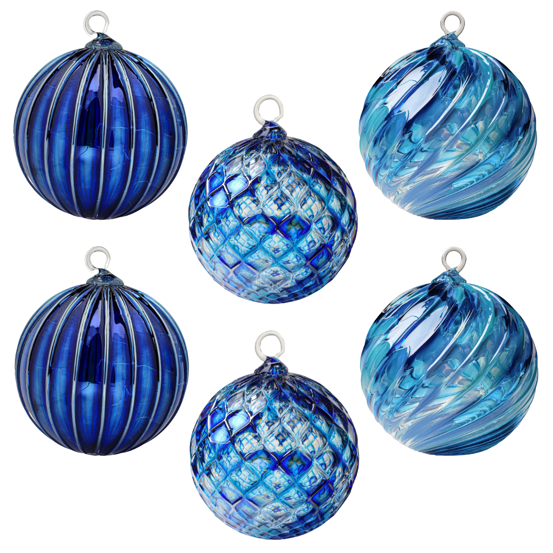 Metallic Mountain Blue Mixed Set of Six Handblown Glass Ornaments