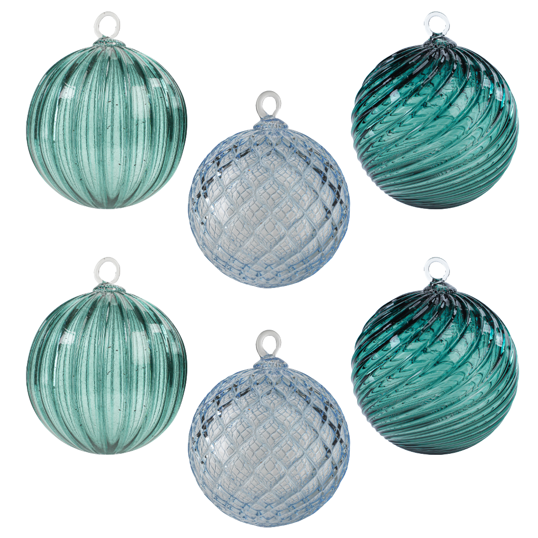 Sea Green Set of 6 Mixed Handblown Glass Ornaments