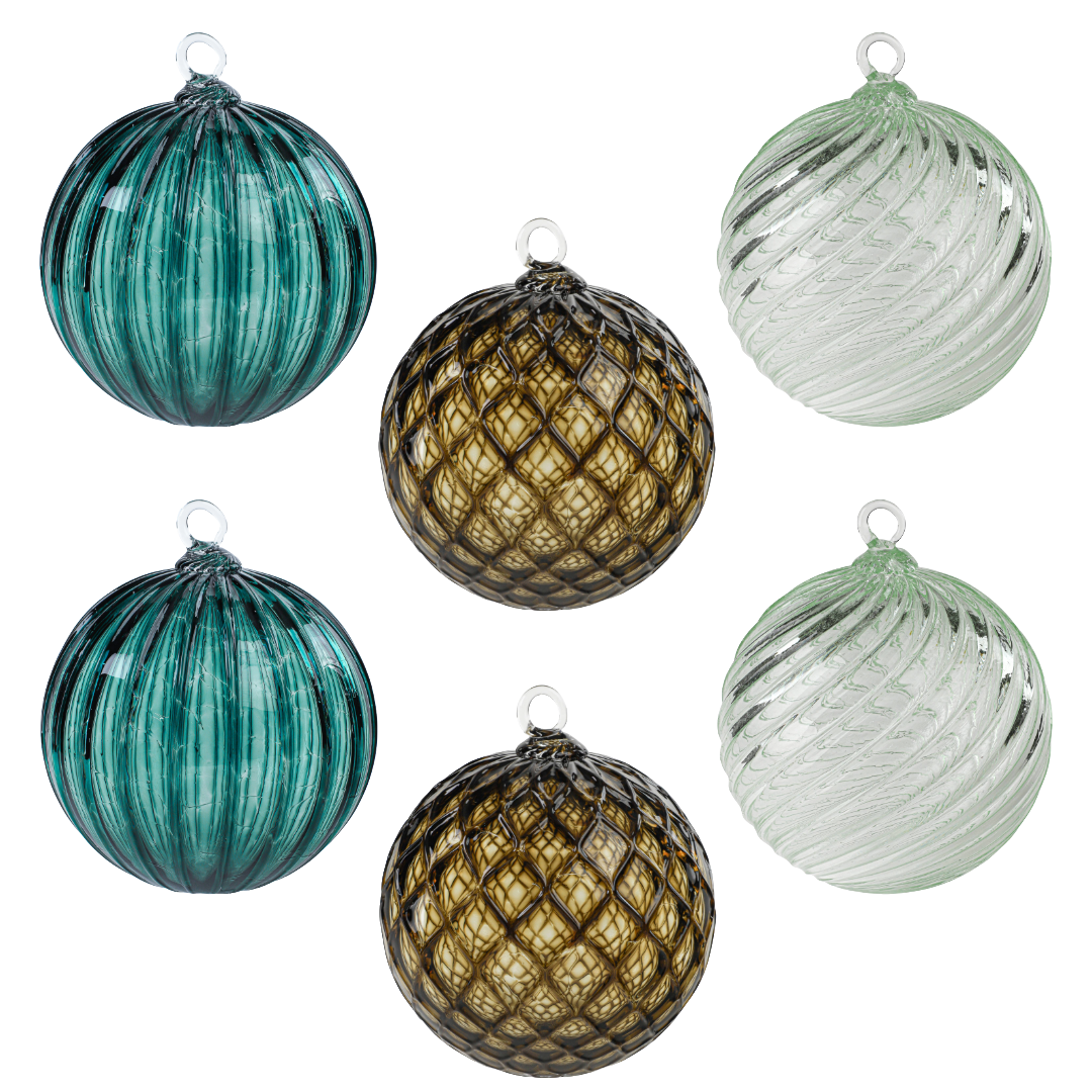 Turquoise & Manzanilla Set of 6 Mixed Handblown Glass Ornaments