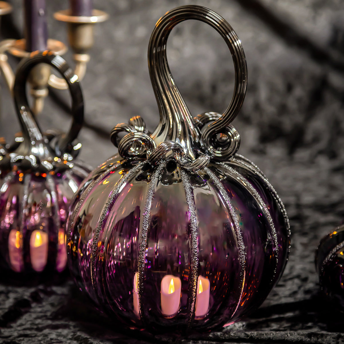 Enchanted Plum Glass Pumpkin w/Tealight