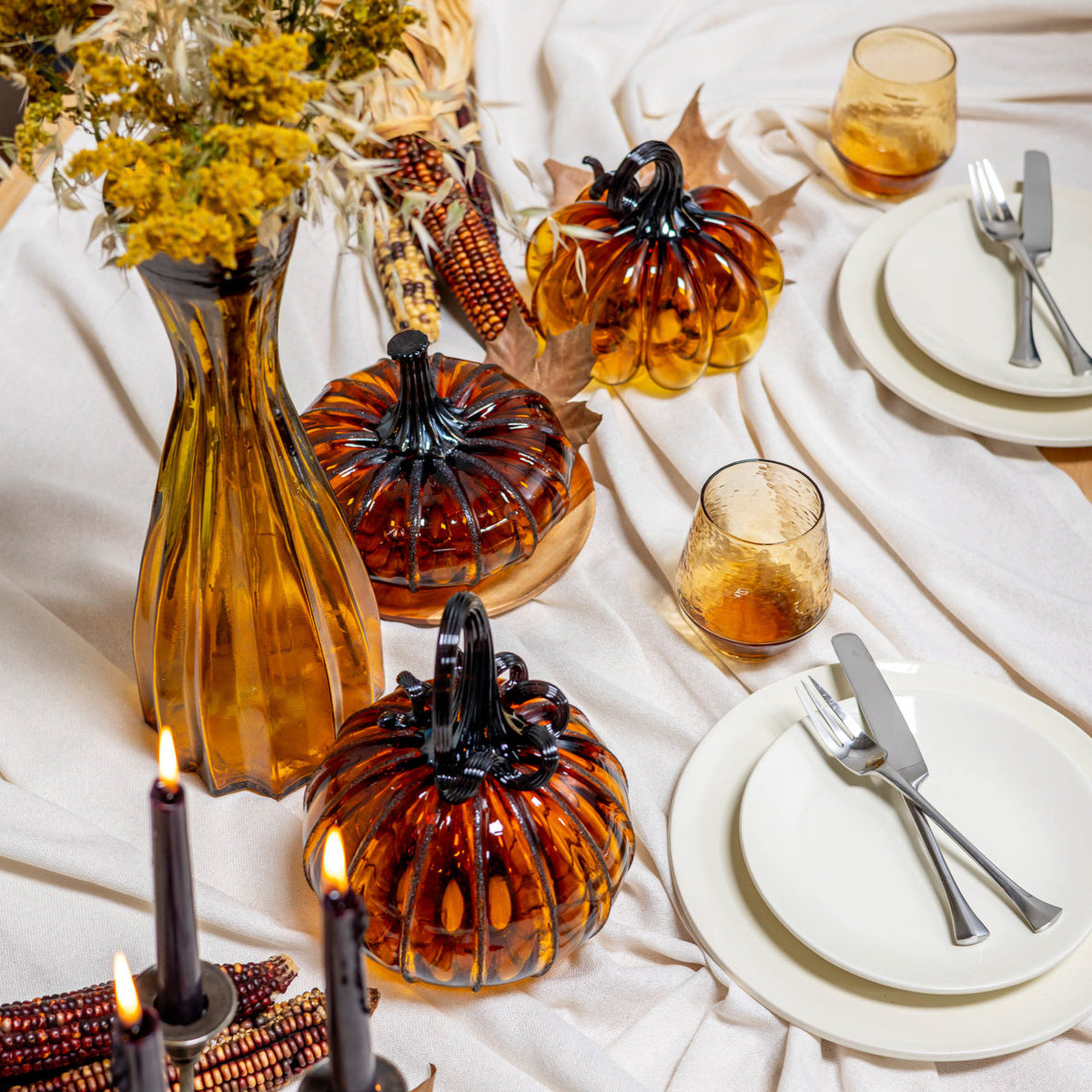 Amber Magic Glass Pumpkin w/Tealight