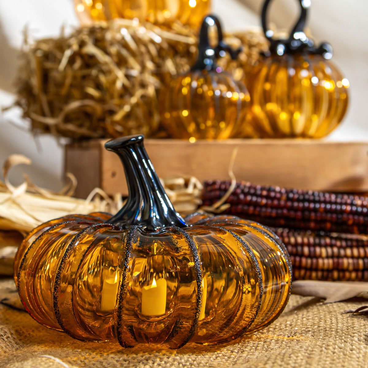 Saffron Sugar Glass Pumpkin w/Tealight