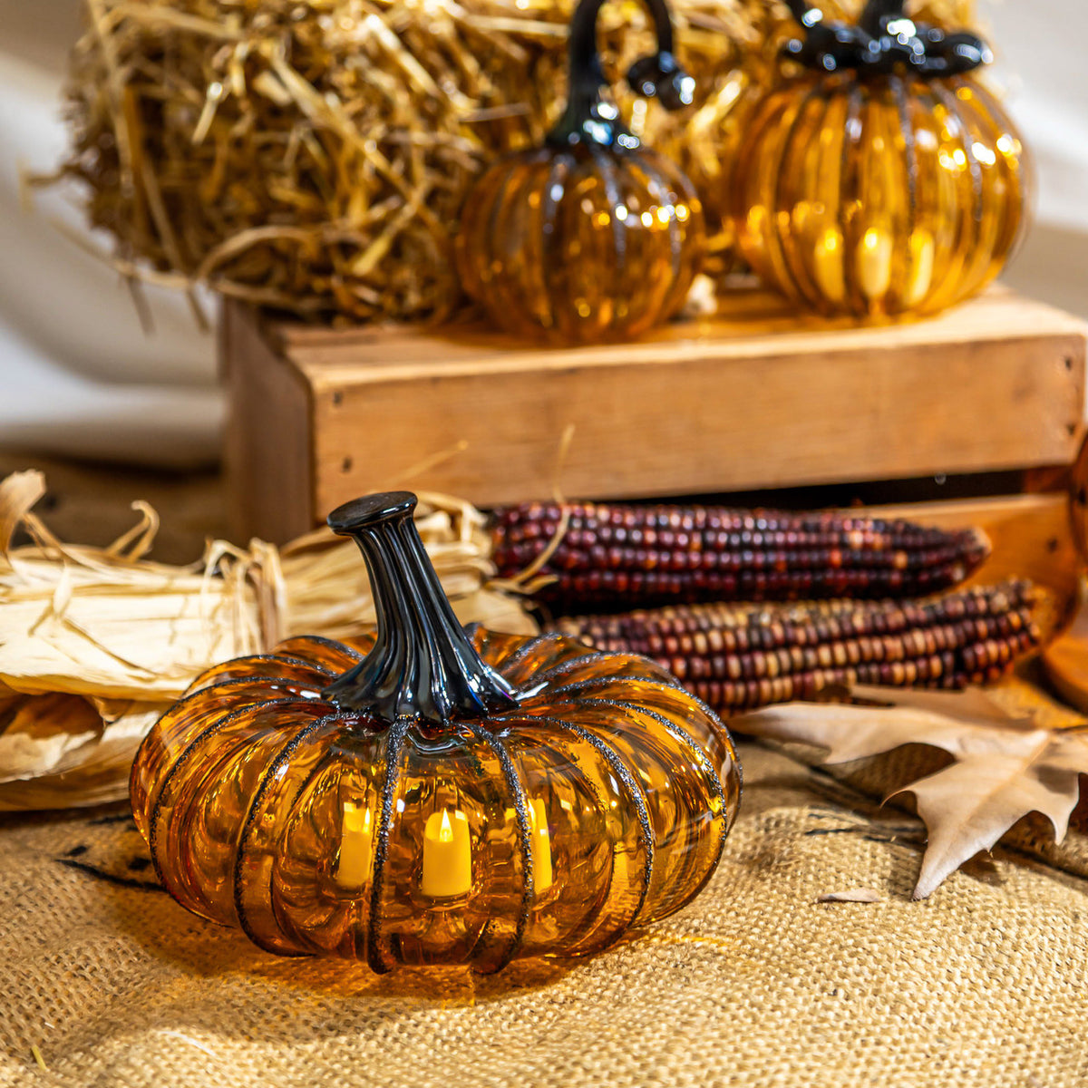 Saffron Sugar Glass Pumpkin w/Tealight