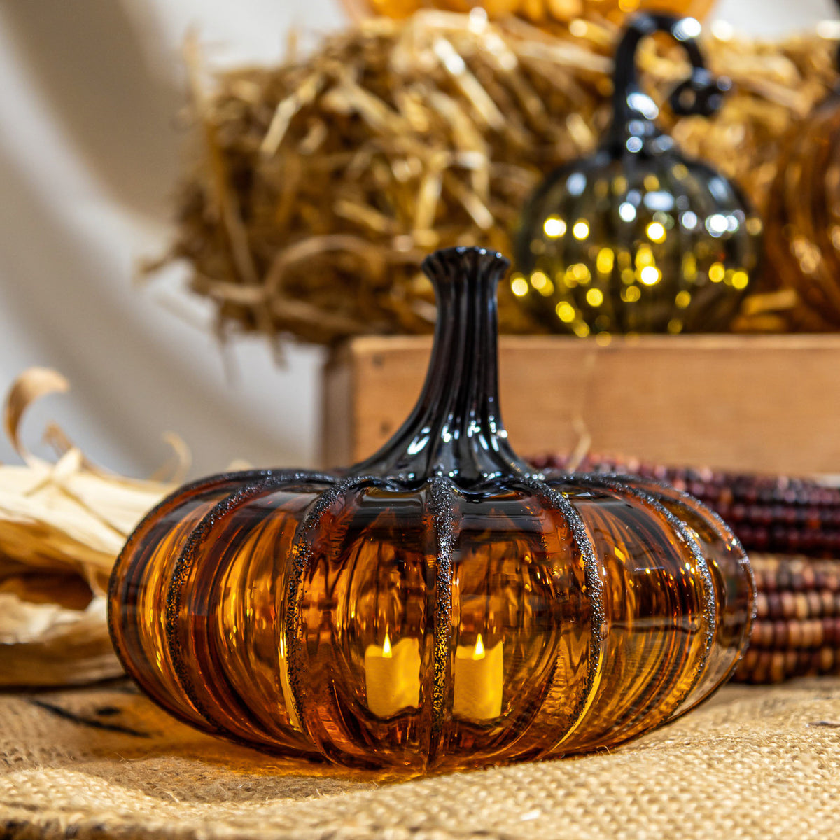 Amber Magic Glass Pumpkin w/Tealight