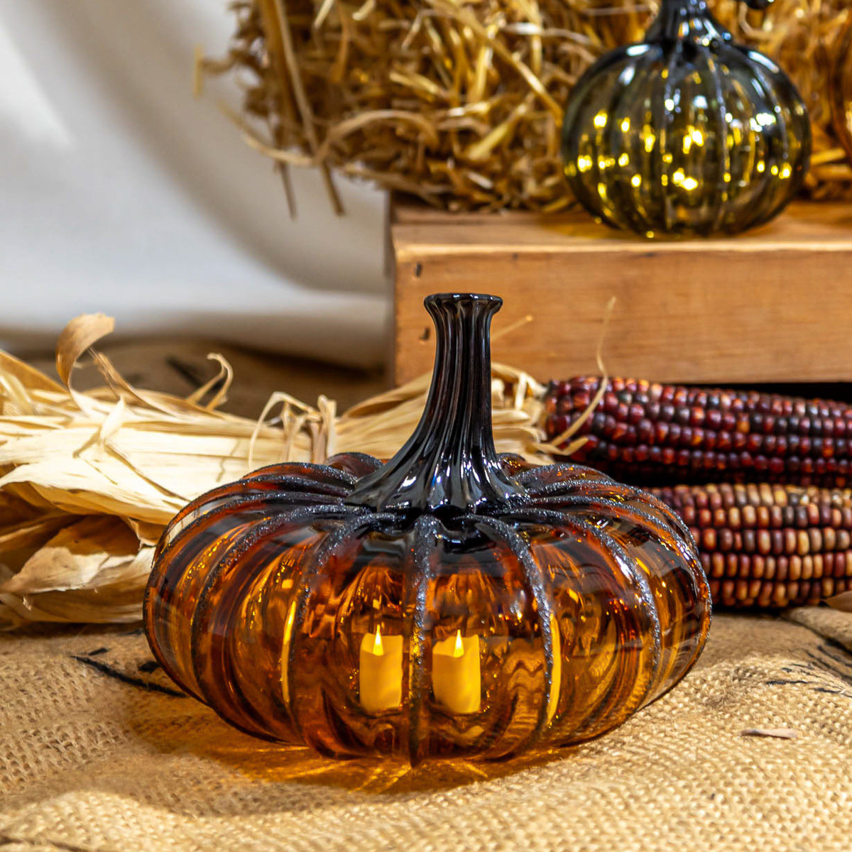 Amber Magic Glass Pumpkin w/Tealight