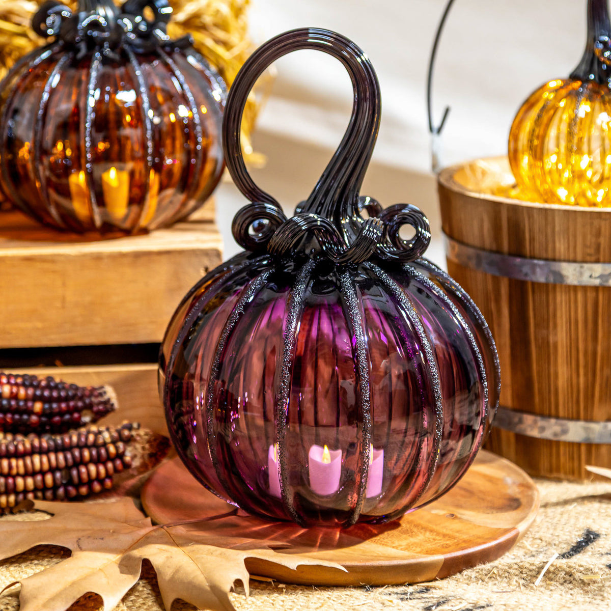 Enchanted Plum Glass Pumpkin w/Tealight