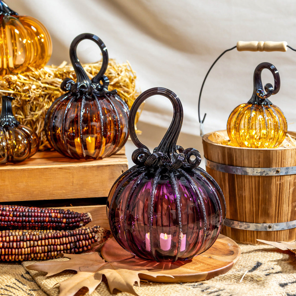 Enchanted Plum Glass Pumpkin w/Tealight