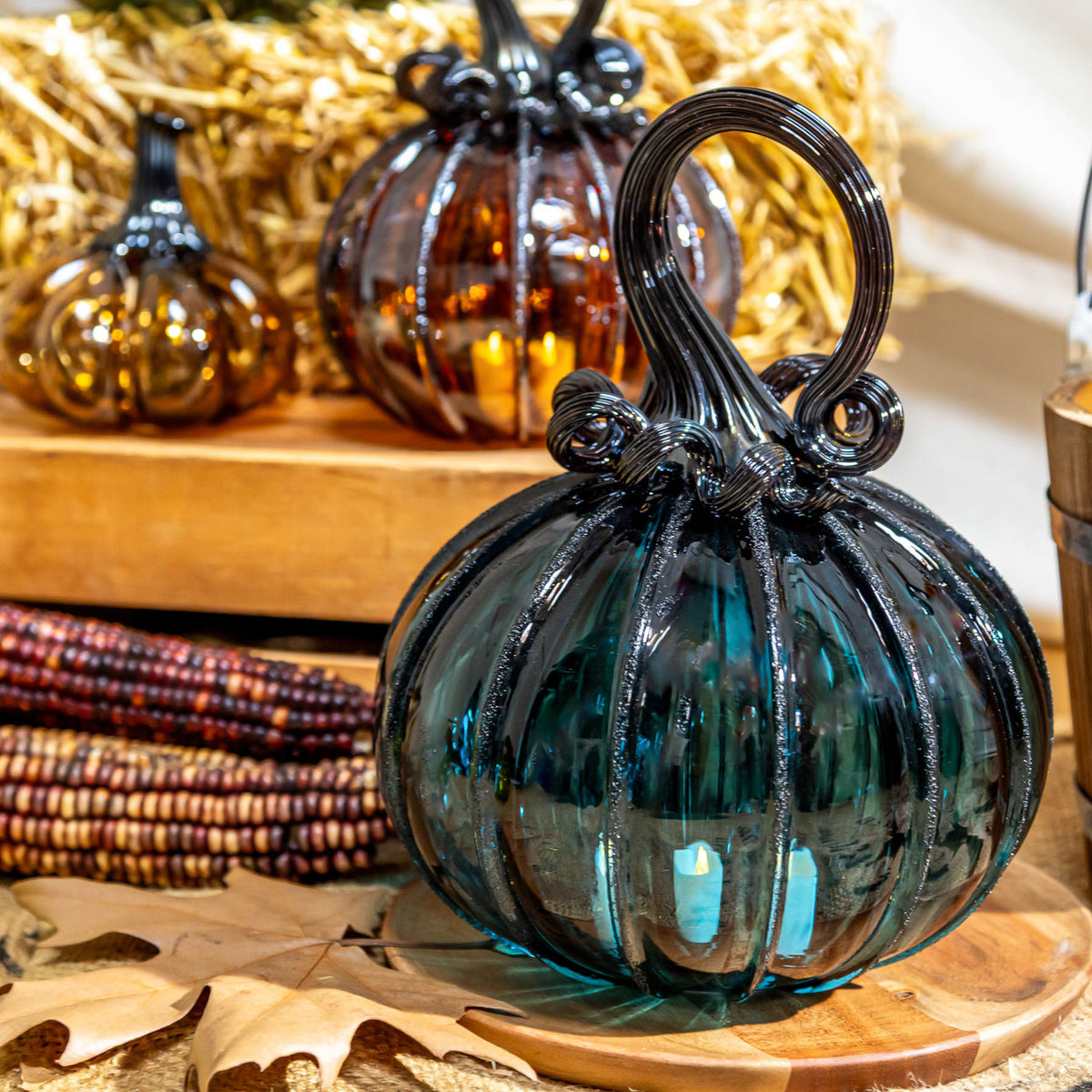 Lagoon Green Glass Pumpkin w/Tealight