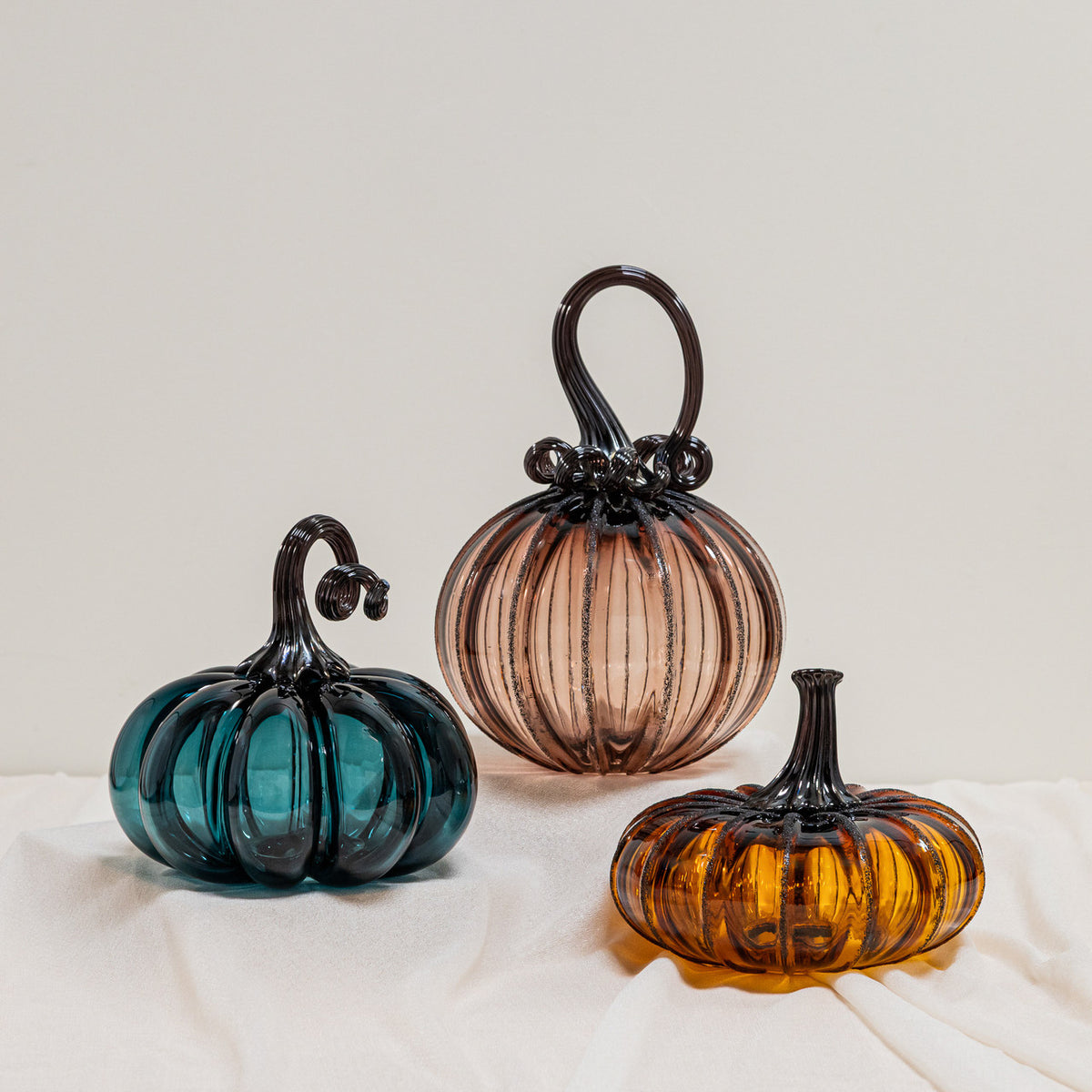 Lagoon Green | Antique Rose | Amber Magic | Set | Handblown Glass Pumpkin w/Tealight