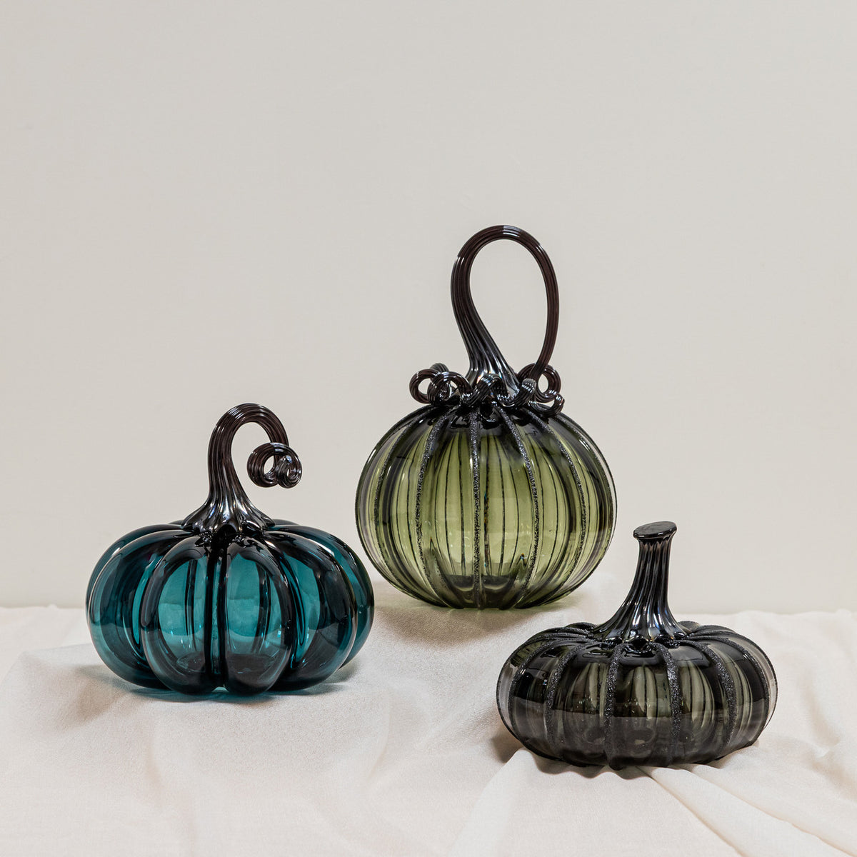 Lagoon Green | Smokey Tourmaline | Raven | Set | Handblown Glass Pumpkin w/Tealight