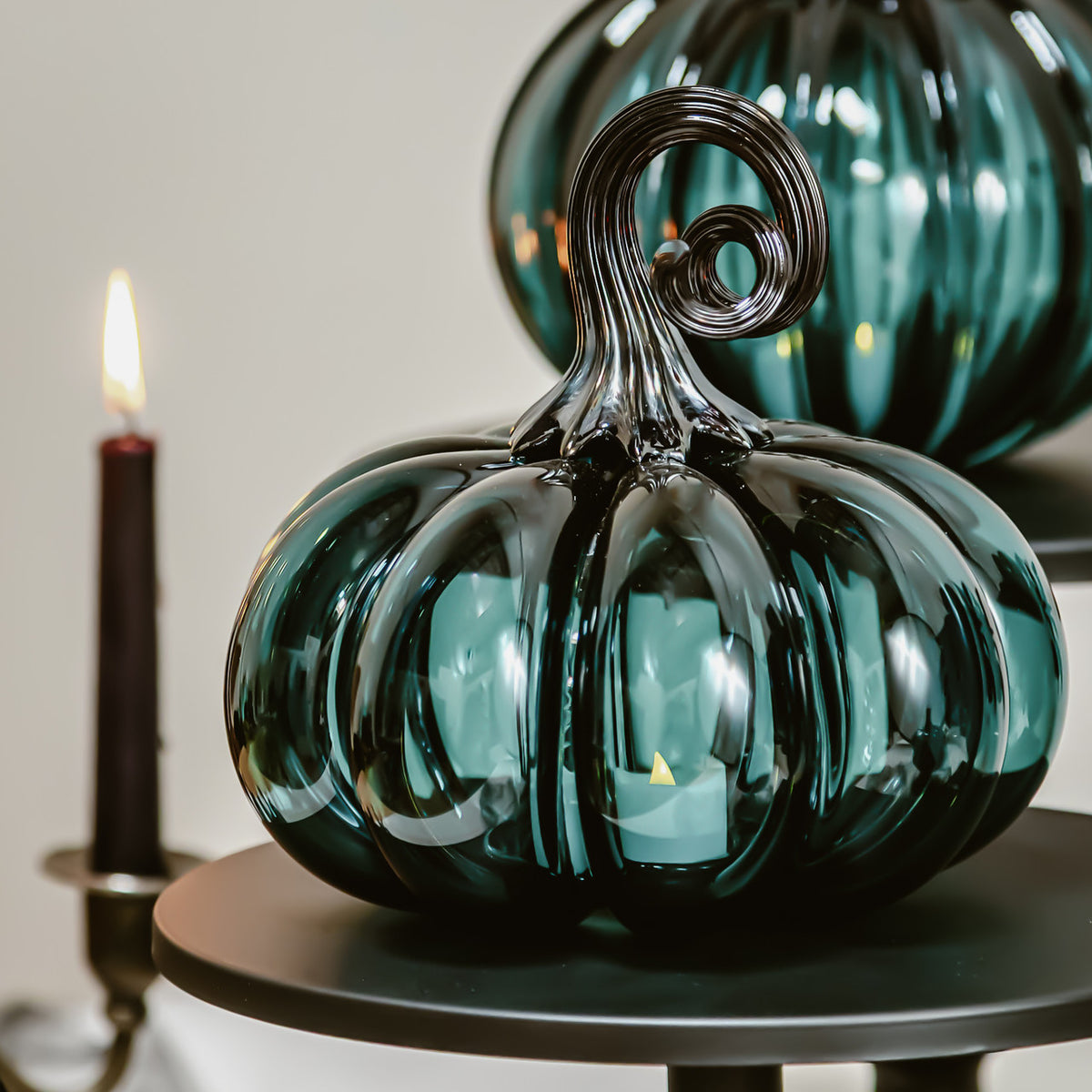 Lagoon Green Glass Pumpkin w/Tealight