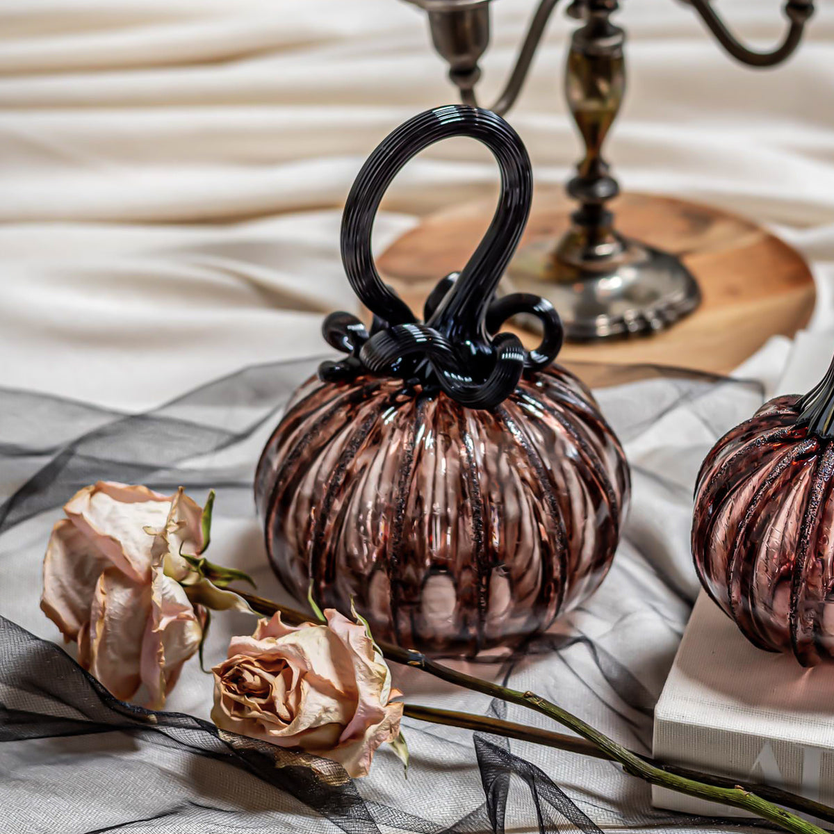 Antique Rose Glass Pumpkin w/Tealight