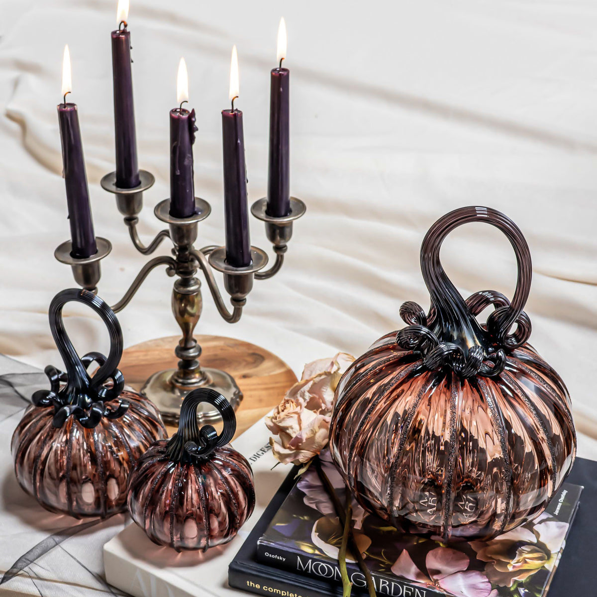 Antique Rose Glass Pumpkin w/Tealight