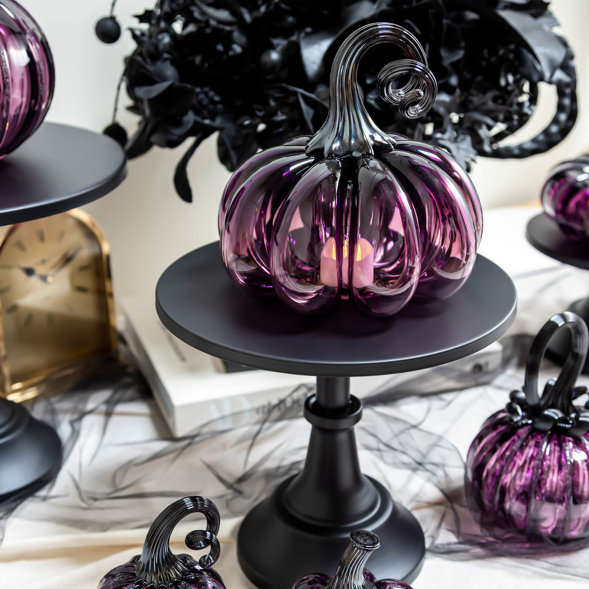 Enchanted Plum Glass Pumpkin w/Tealight